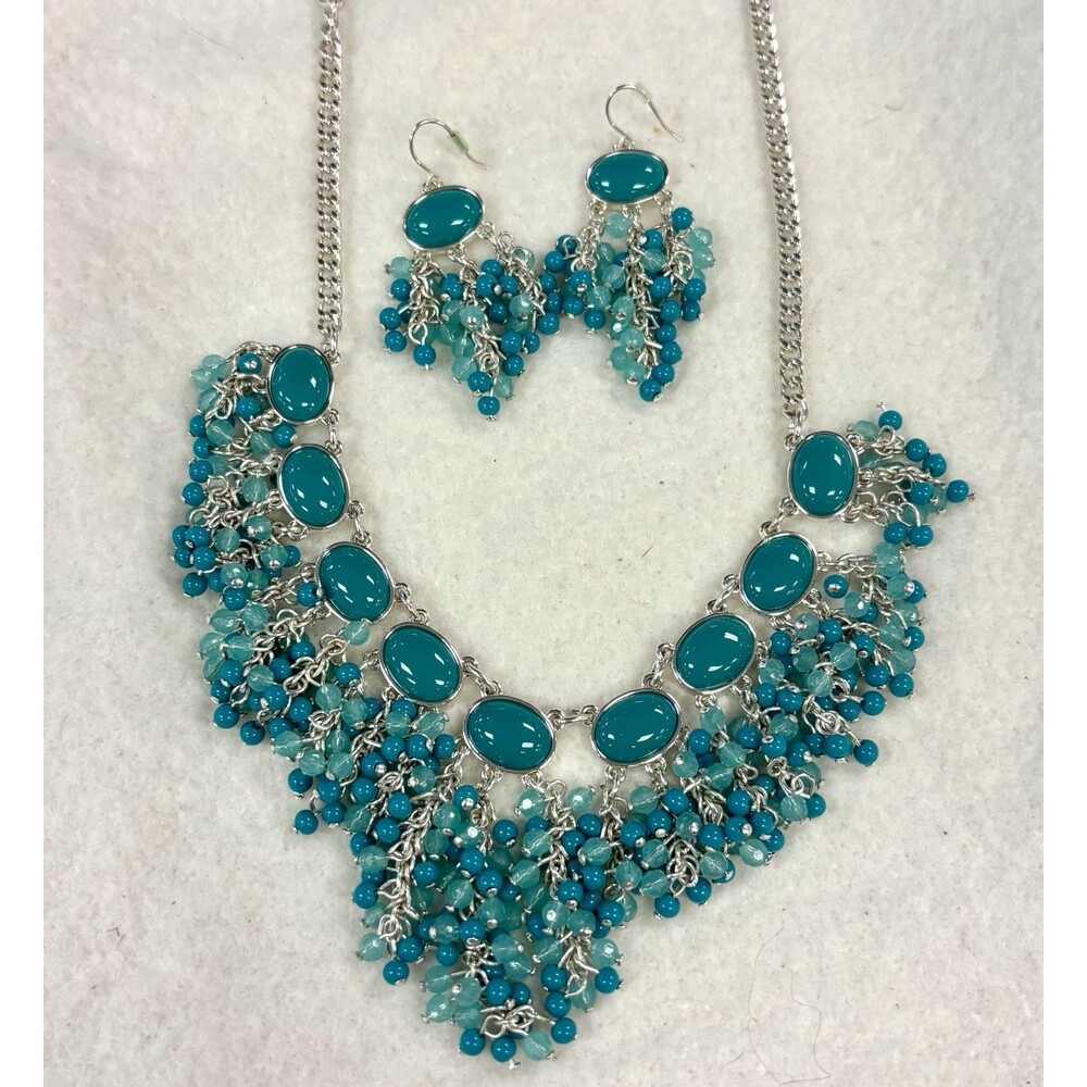 Teal Aqua Beaded Fringe Bib Necklace Earrings Set Silver Tone Statement 24in